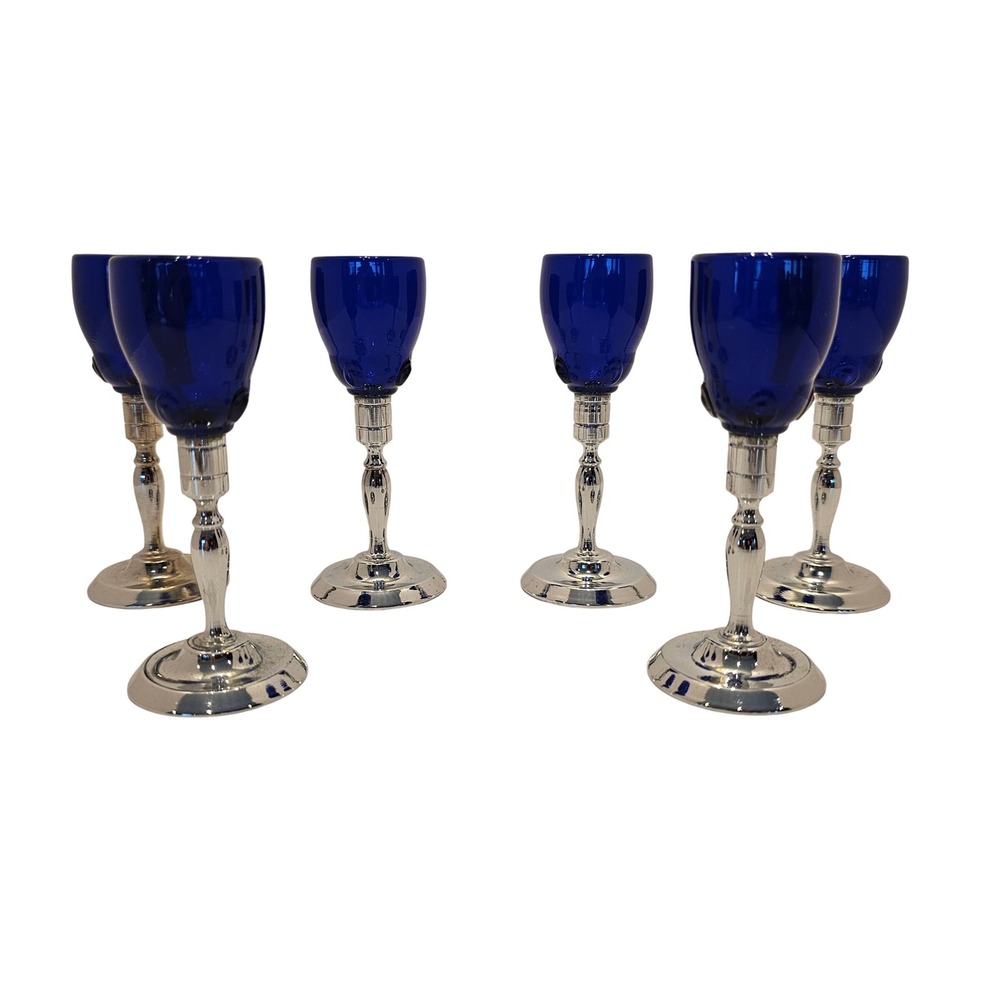 Vintage Cobalt Blue Glass Cordial Shot Glasses Silver Tone Stem Set of 6 MCM